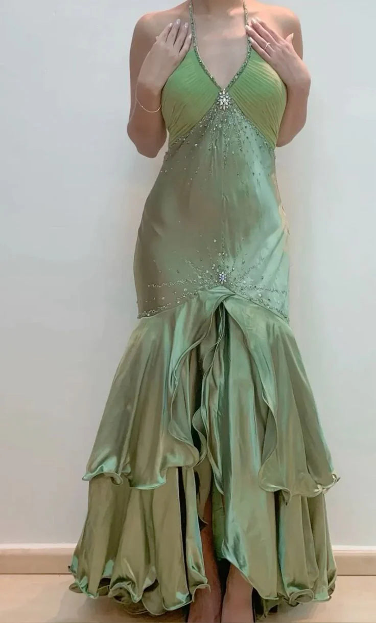 Tiendas de vestidos de fiesta Weitese Dress Vestido de fiesta largo de sirena con cuello halter, espalda descubierta y cuentas, verde
